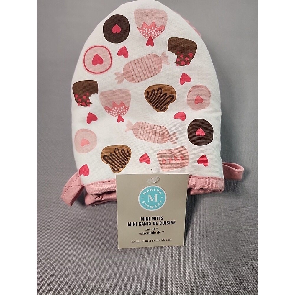MARTHA STEWART MINI OVEN MITTS (2) PINK RED HEART CHOCOLATES 100% COTTON NWT